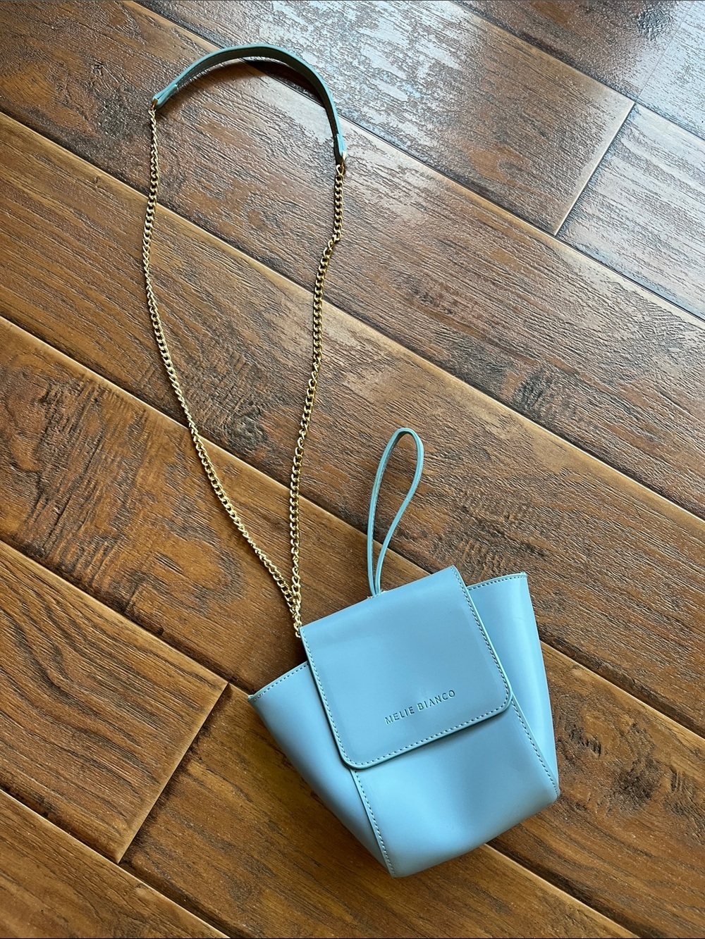 Melie Bianco Sky Blue Mini Crossbody with Gold Chain